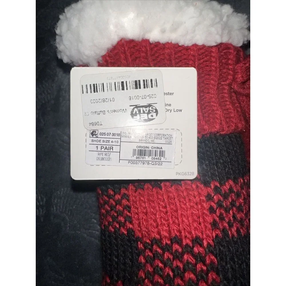 Women's Slipper Socks Buffalo Check Plaid Sherpa Lined  Red/Black Size 4-10. N